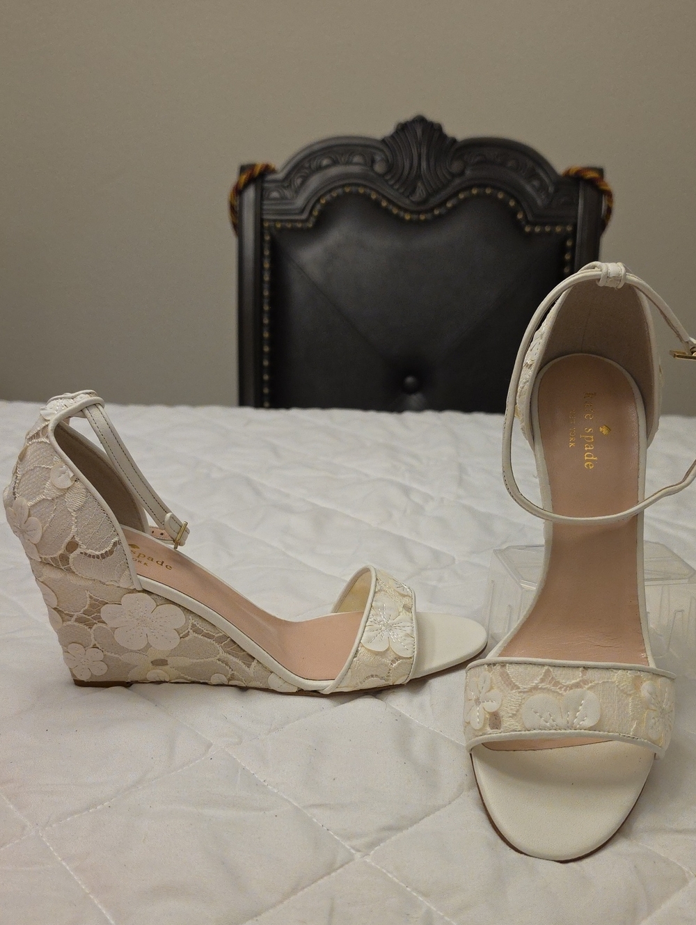 kate spade Ivory Floral Lace Wedge Sandals